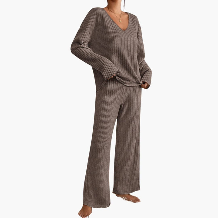 Lucienne | Women's Ribbed V Neck Sweater Wide Leg Pants Set