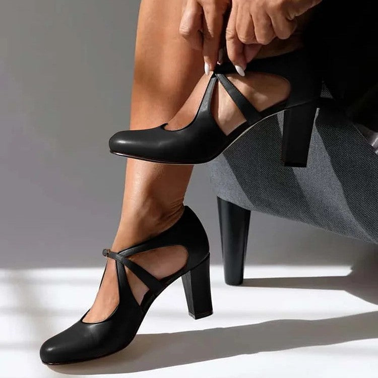 Crossover Strap Buckle Detail Round Toe Leather Block Heel
