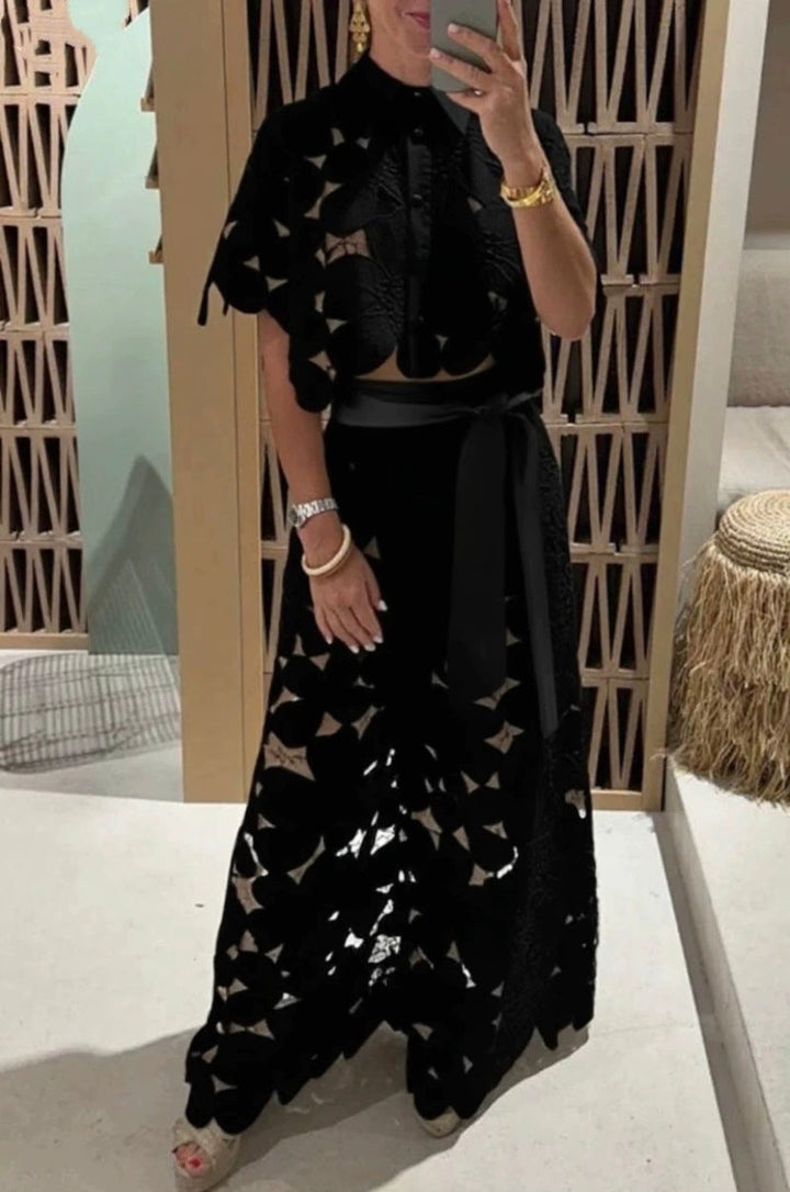 Floral Eyelet Lace Scalloped Crop Top and Wide Leg Pant Two Piece Set