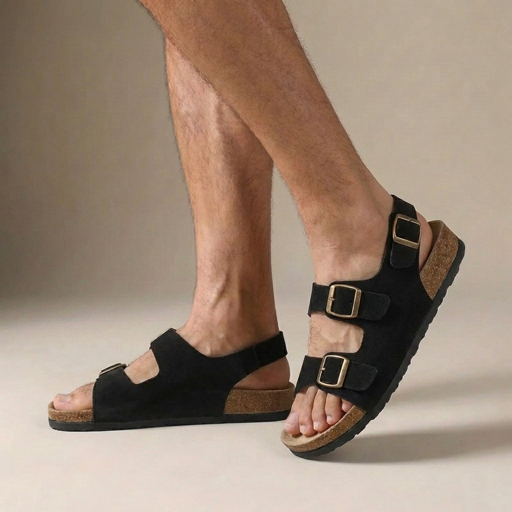 Suede Double Buckle Strap Cork Footbed Slingback Sandal