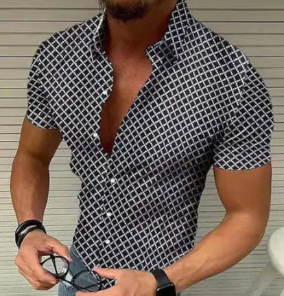 Micro Check Print Short Sleeve Muscle Fit Mens Casual Shirt