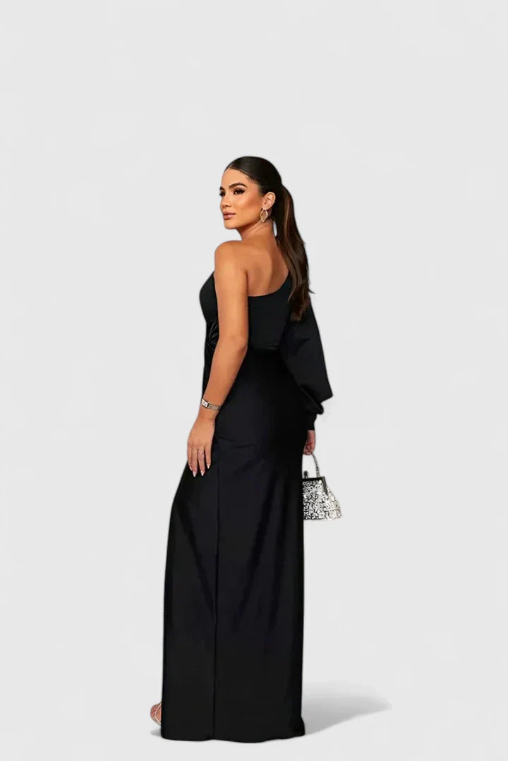 Elegant One Shoulder Satin Maxi Dress With High Split