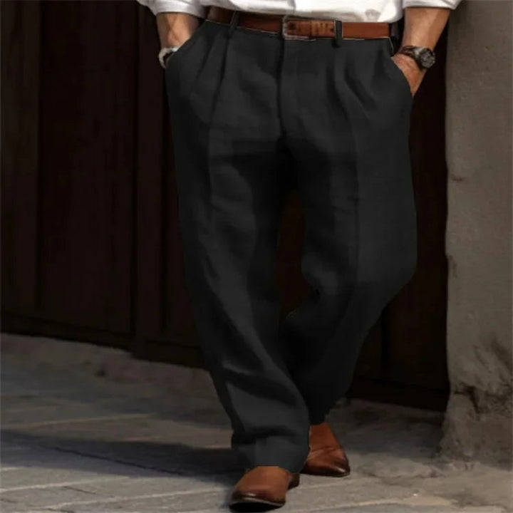 Pleated Front Relaxed Straight Leg Casual Linen Pant