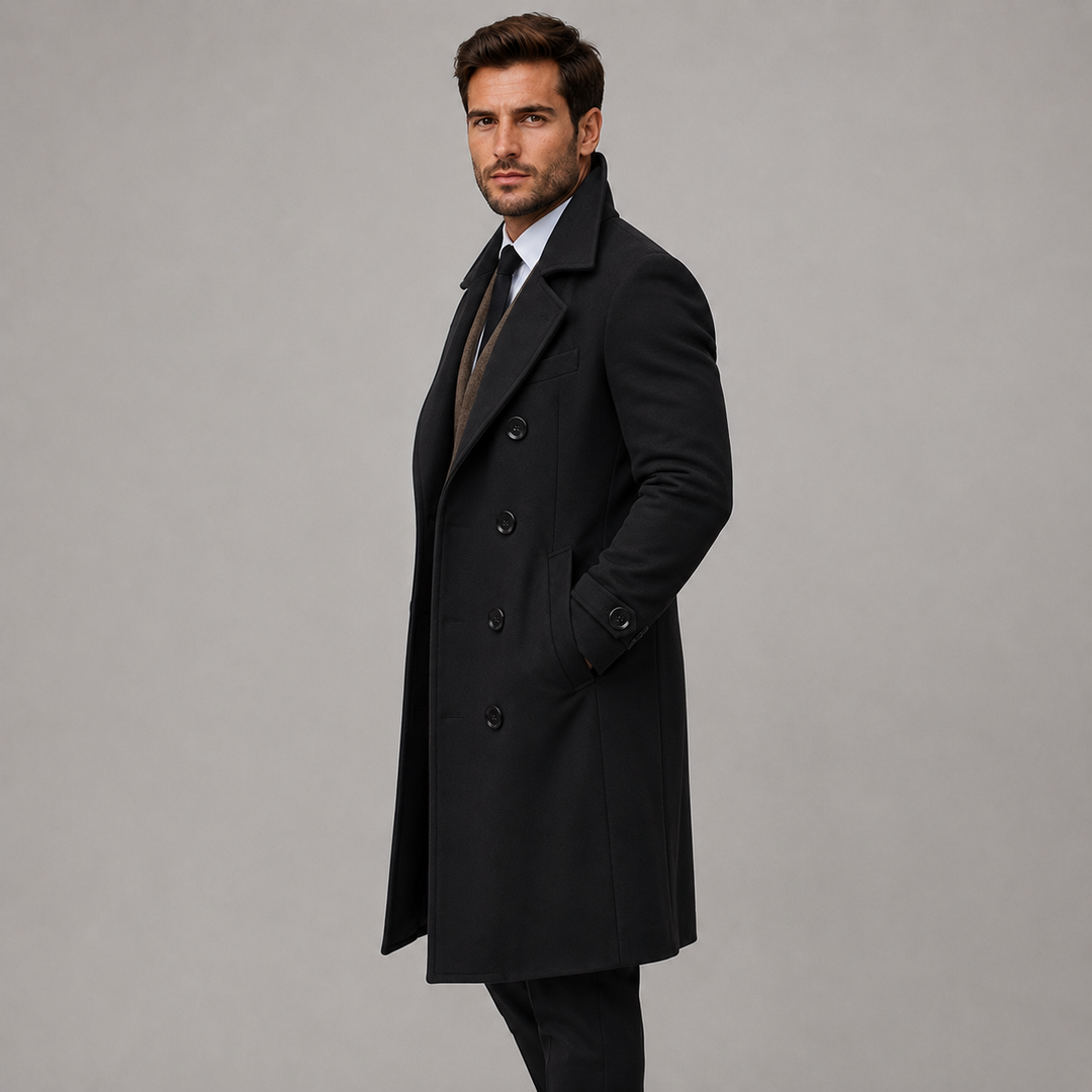 Alaric | Men's Tailored Double Breasted Long Coat with Wide Notch Lapel