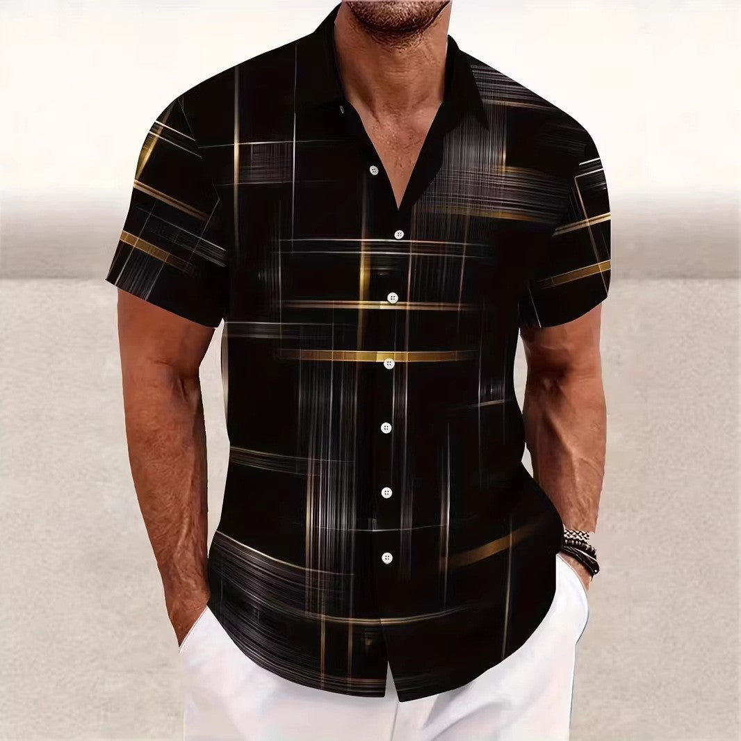 Micro Check Print Short Sleeve Muscle Fit Mens Casual Shirt