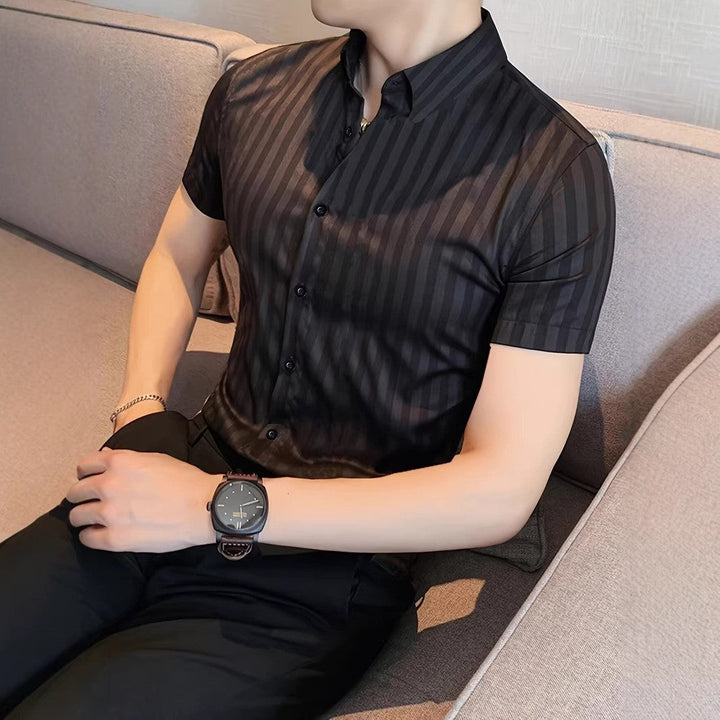Micro Check Print Short Sleeve Muscle Fit Mens Casual Shirt