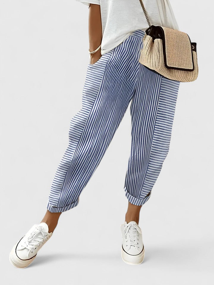 Striped Elasticated Tapered Capri Pants Women - Casual Cotton