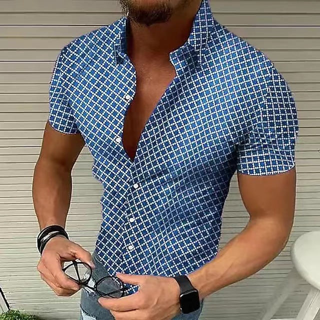 Micro Check Print Short Sleeve Muscle Fit Mens Casual Shirt