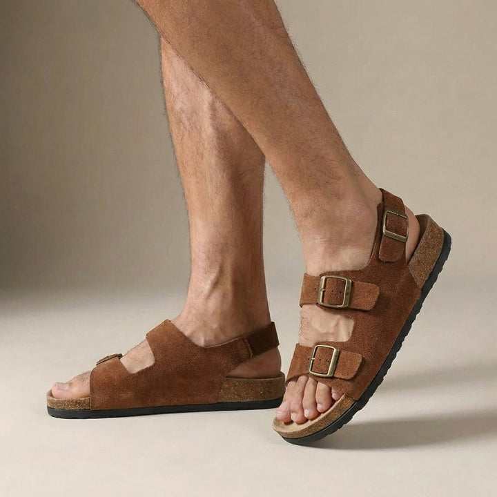 Suede Double Buckle Strap Cork Footbed Slingback Sandal