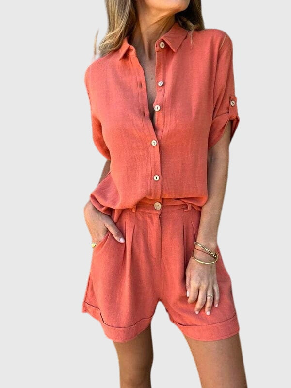 Linen Shirt and High Waisted Short Set Women
