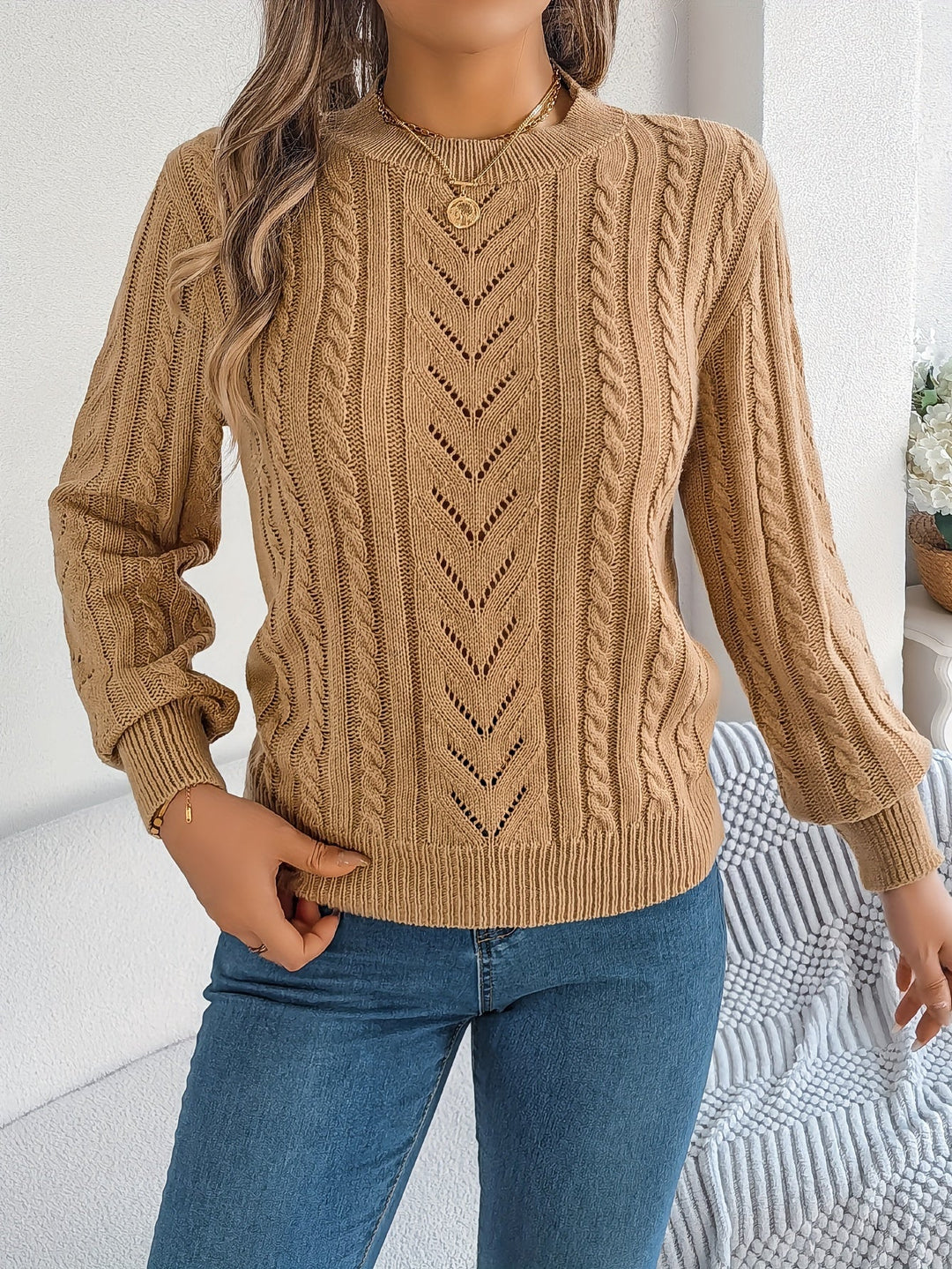 Dorothea | Women's Crew Neck Sweater in Textured Pointelle and Cable Knit