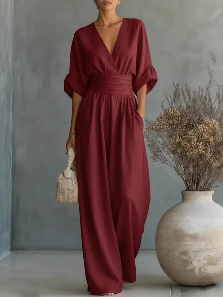 Deep V Neck Balloon Sleeve Wide Waistband Wide Leg Jumpsuit