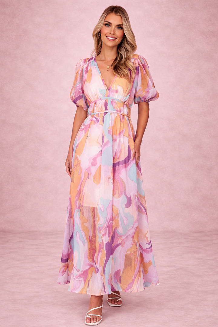 Women's Abstract Print Maxi Dress Puff Sleeve V Neck Summer Wedding Guest