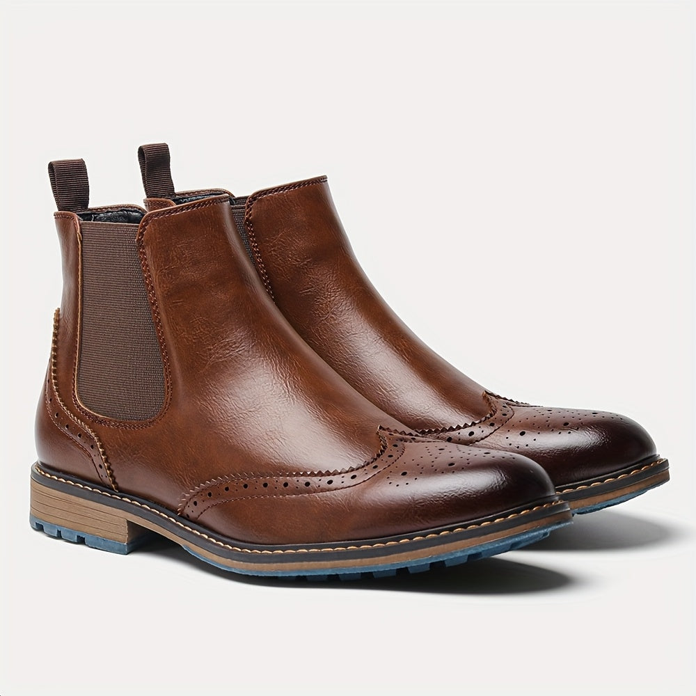 Brogue Wingtip Elastic Side Panel Slip On Leather Mens Chelsea Boots