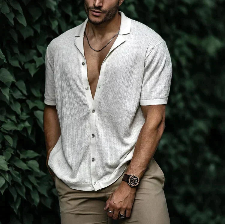 Ribbed Knit Camp Collar Short Sleeve Button Down Mens Casual Shirt