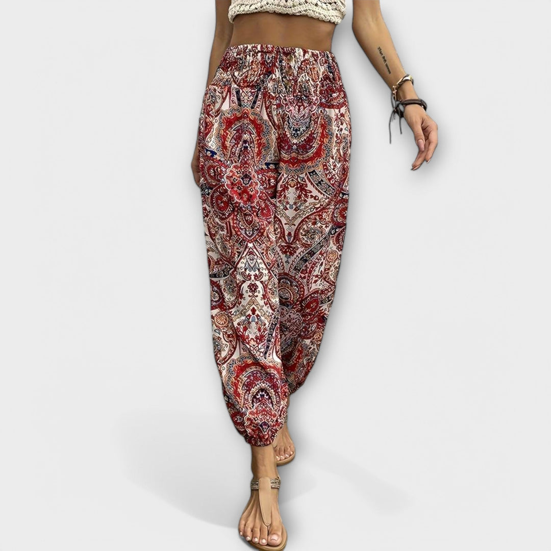 Tribal Print Smocked Waist Boho Pants Women - Festival Style