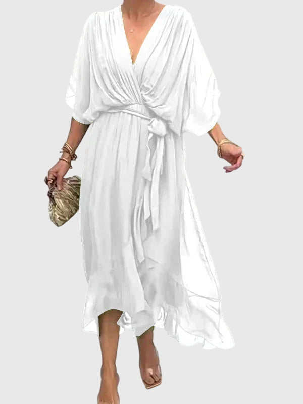 V Neck Belted Wrap Midi Dress Flowy Fit