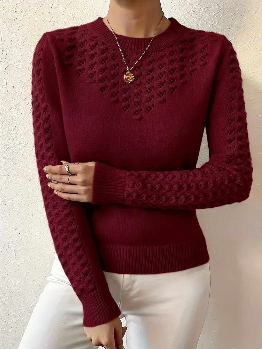 Guinevere | Women's Pointelle Knit Crew Neck Sweater