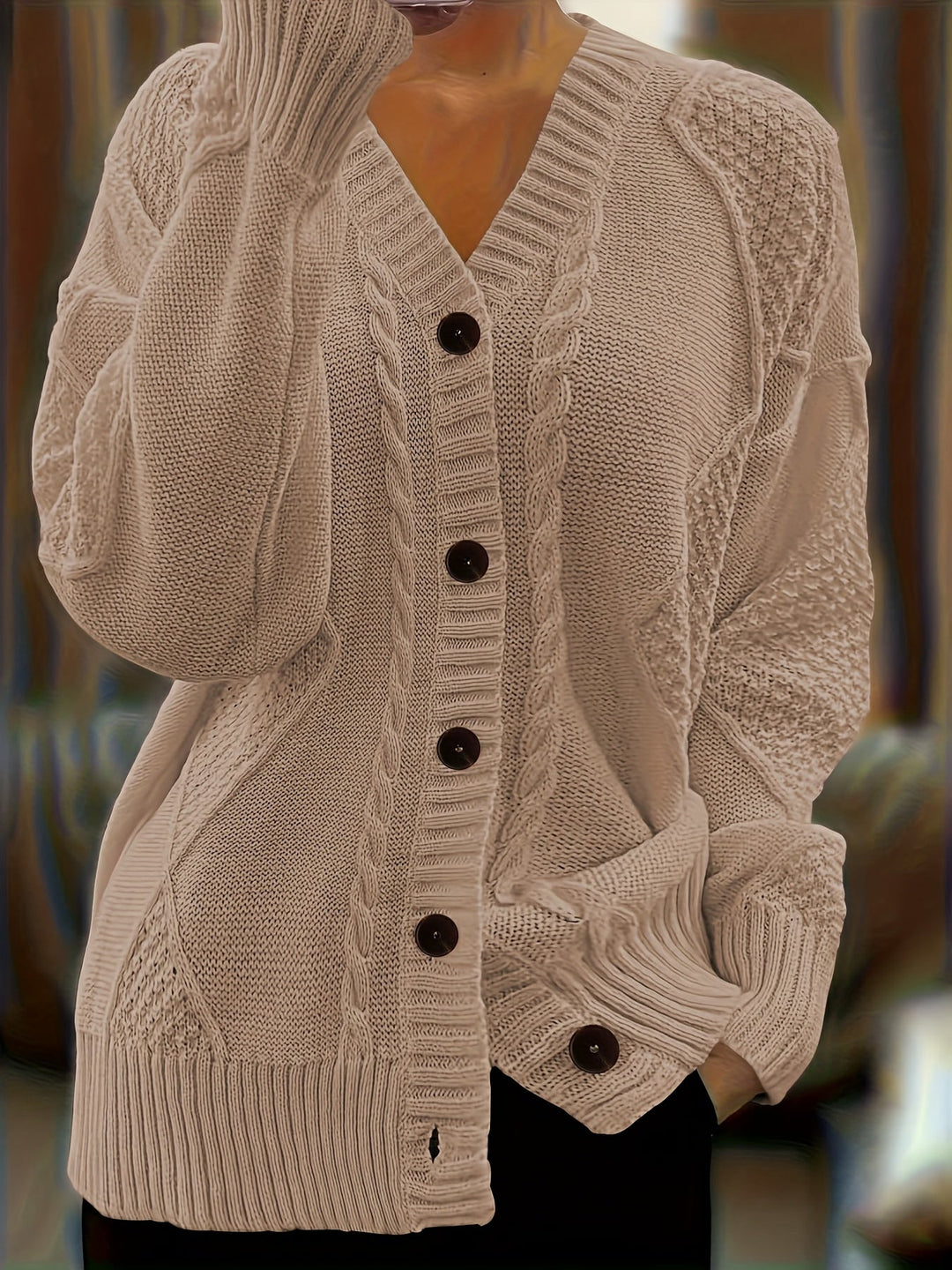Camille | Women's Mixed-Stitch Cable Knit V-Neck Cardigan