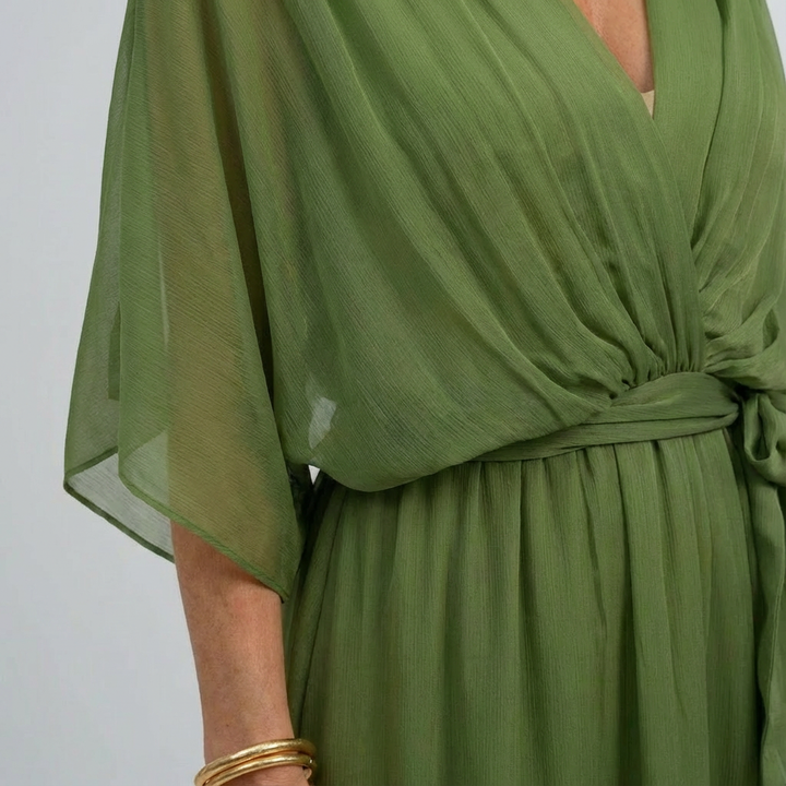 Women's Wrap Midi Dress Chiffon Batwing Sleeve Wedding Guest