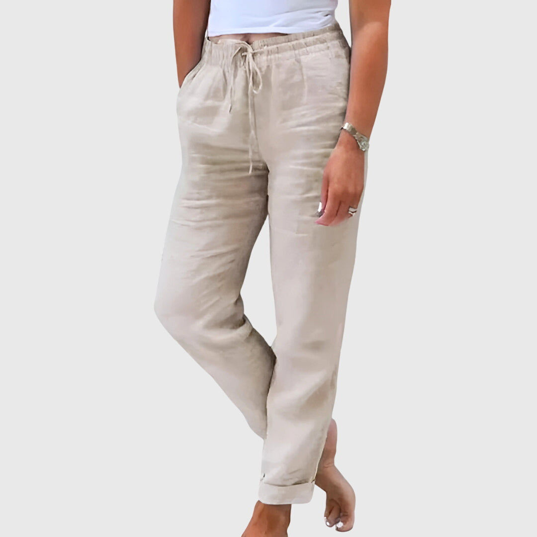 Drawstring Elasticated Linen Pants Women - Straight Leg Casual