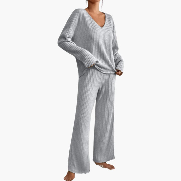 Lucienne | Women's Ribbed V Neck Sweater Wide Leg Pants Set
