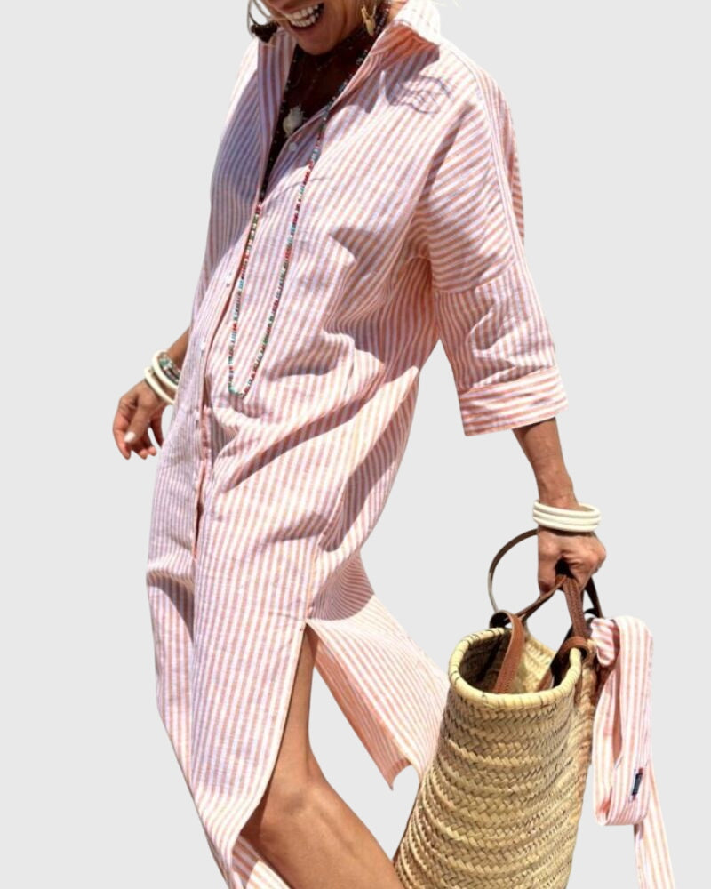 Striped Button Down Midi Shirt Dress