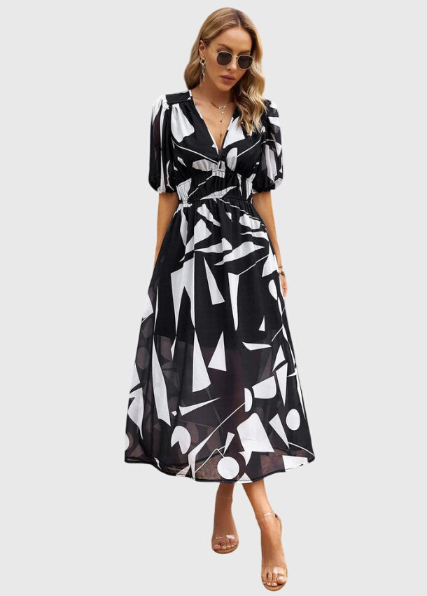 Short Sleeve Floral Midi Dress Elastic Waist