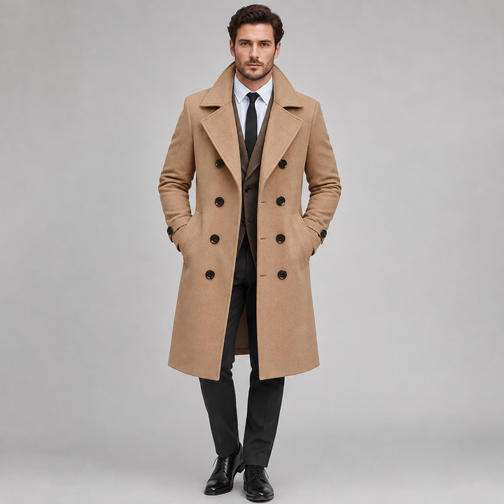 Alaric | Men's Tailored Double Breasted Long Coat with Wide Notch Lapel