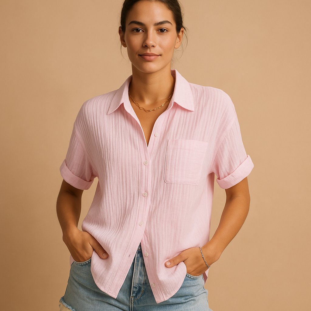 Gauze Cotton Chest Pocket Short Sleeve Relaxed Casual Blouse