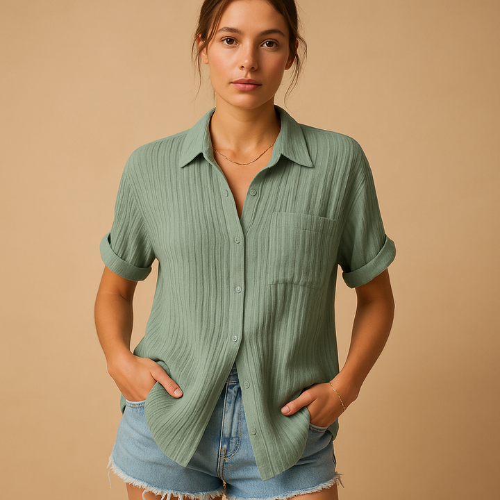 Gauze Cotton Chest Pocket Short Sleeve Relaxed Casual Blouse