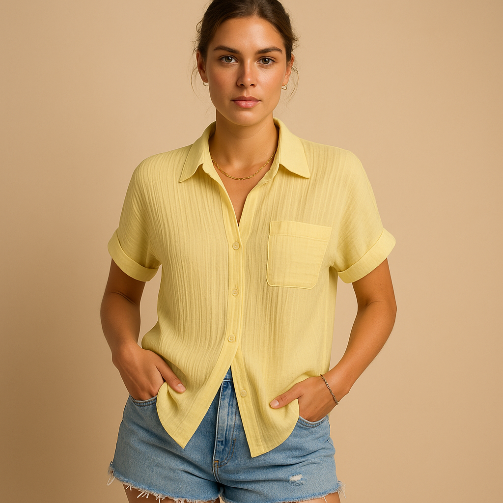 Gauze Cotton Chest Pocket Short Sleeve Relaxed Casual Blouse