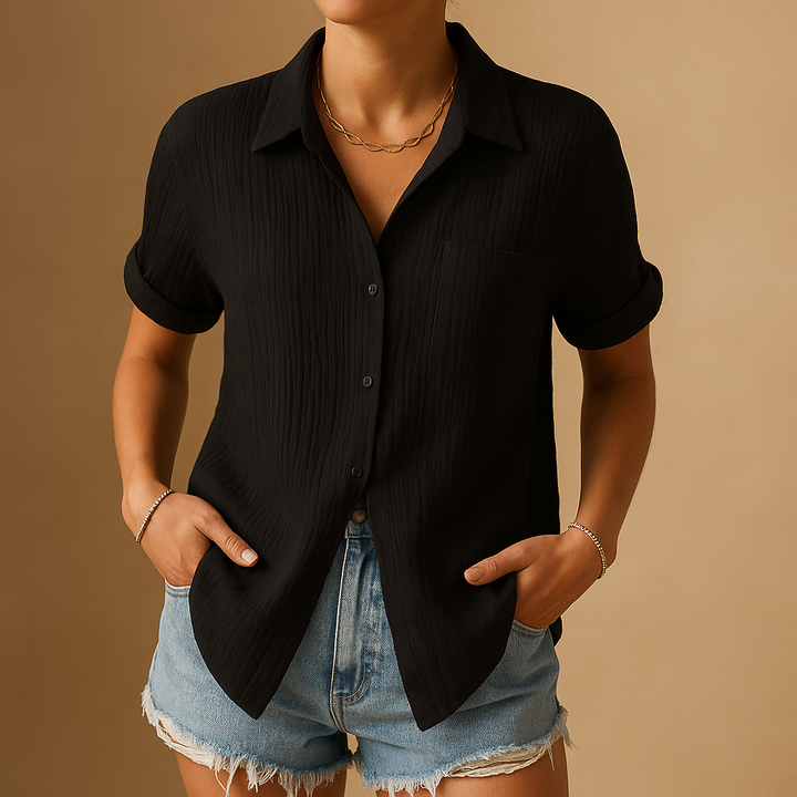 Gauze Cotton Chest Pocket Short Sleeve Relaxed Casual Blouse