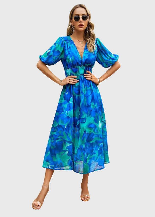 Short Sleeve Floral Midi Dress Elastic Waist