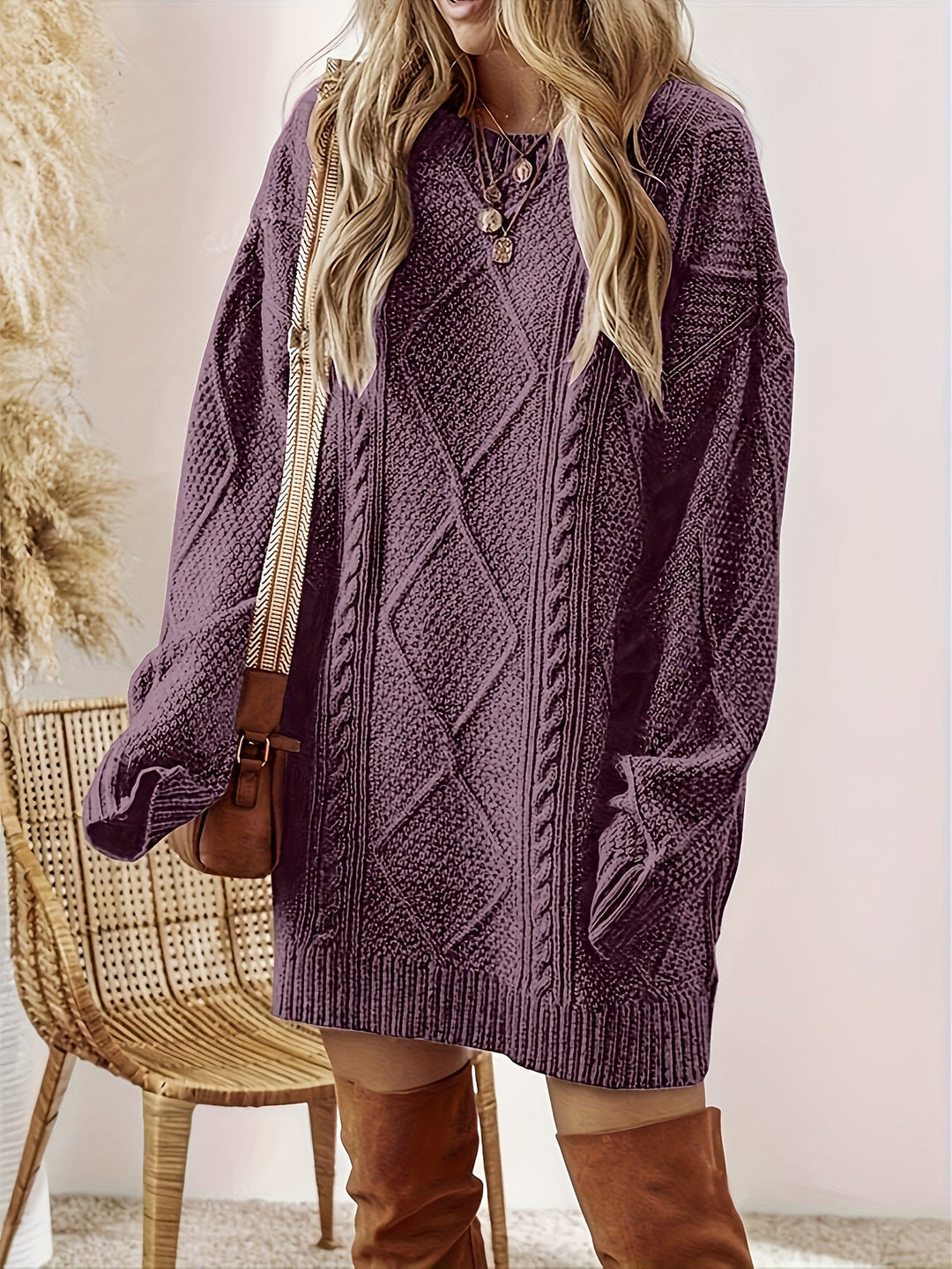 Melisande | Women's Diamond Cable Knit Sweater Dress with Oversized Fit