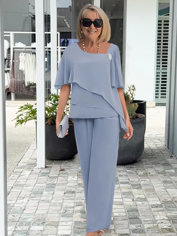 Pearl Brooch Tiered Chiffon Cape Top and Wide Leg Pant Set