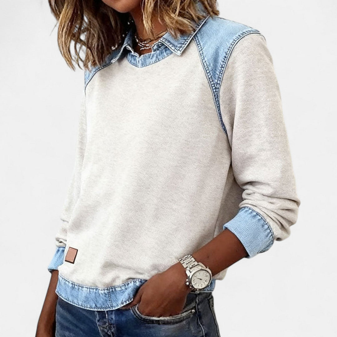 Marlowe | Women's Denim Trim Crew Neck Sweatshirt