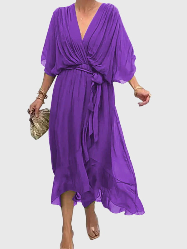 V Neck Belted Wrap Midi Dress Flowy Fit