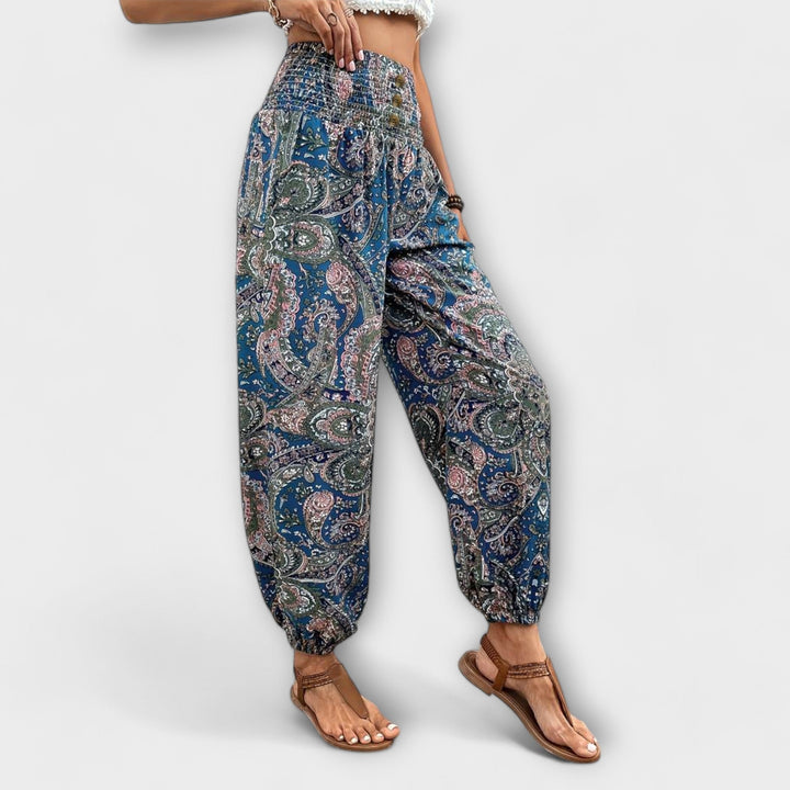 Tribal Print Smocked Waist Boho Pants Women - Festival Style