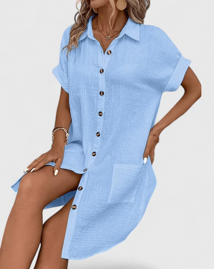 Loose Short Sleeve Button Down Midi Dress