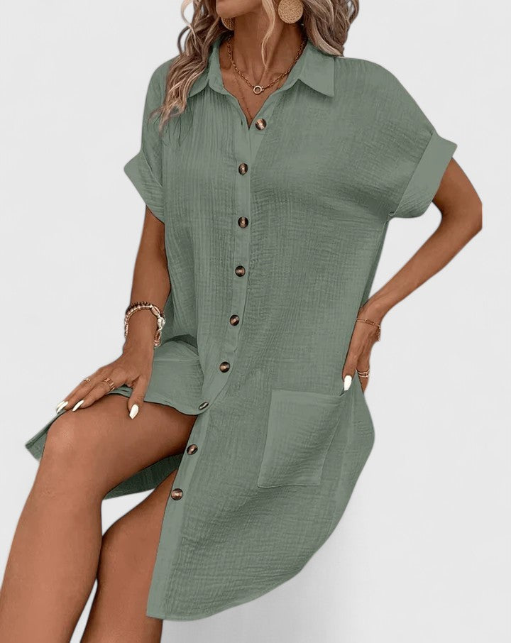 Loose Short Sleeve Button Down Midi Dress