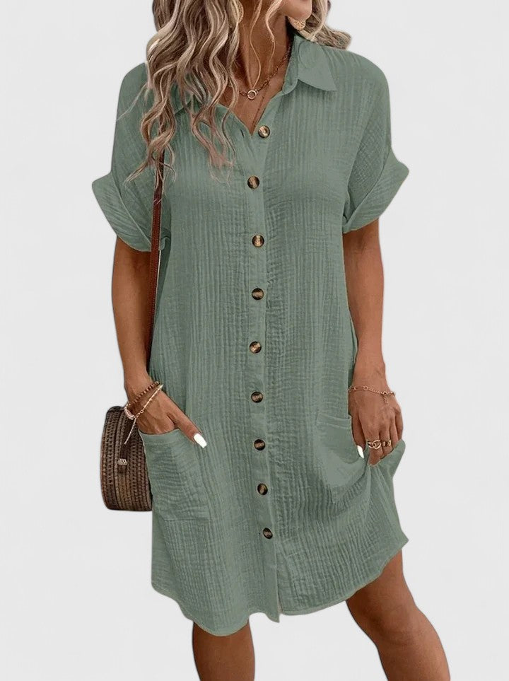Loose Short Sleeve Button Down Midi Dress