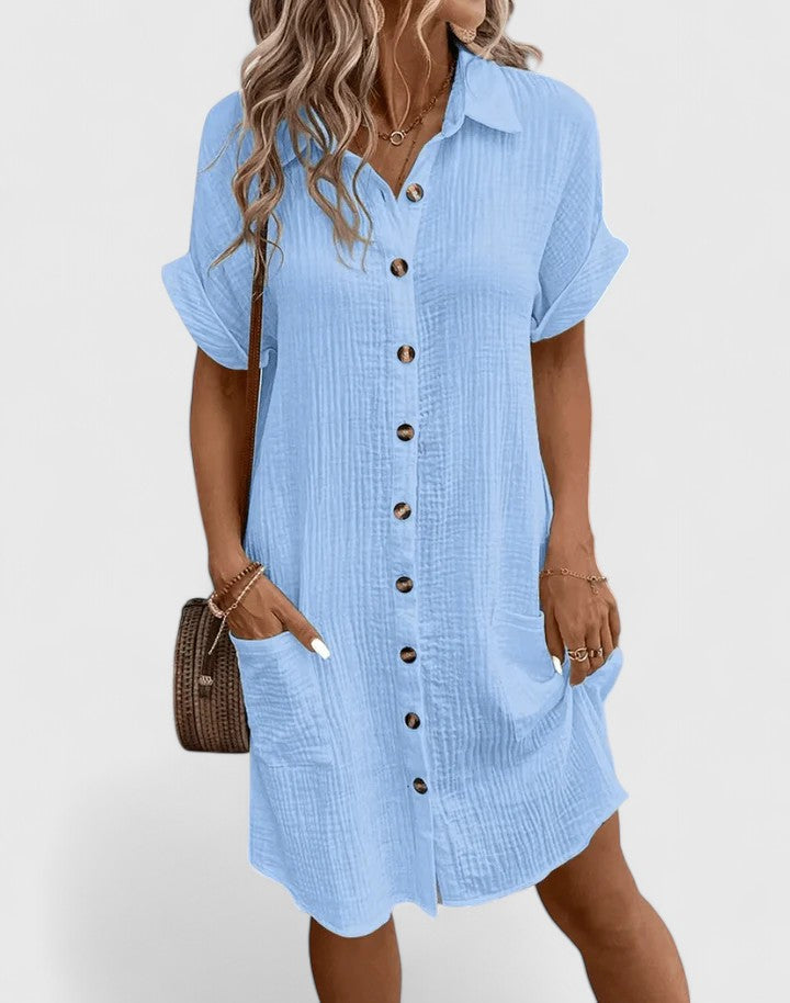 Loose Short Sleeve Button Down Midi Dress