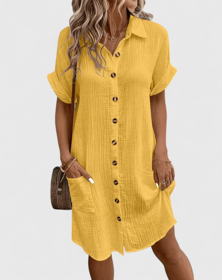 Loose Short Sleeve Button Down Midi Dress