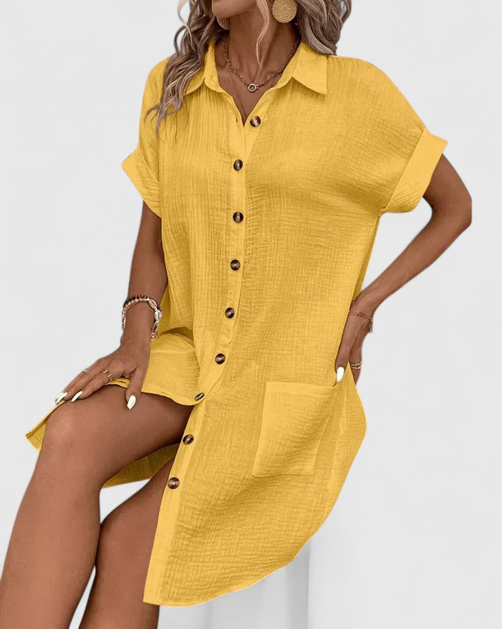 Loose Short Sleeve Button Down Midi Dress