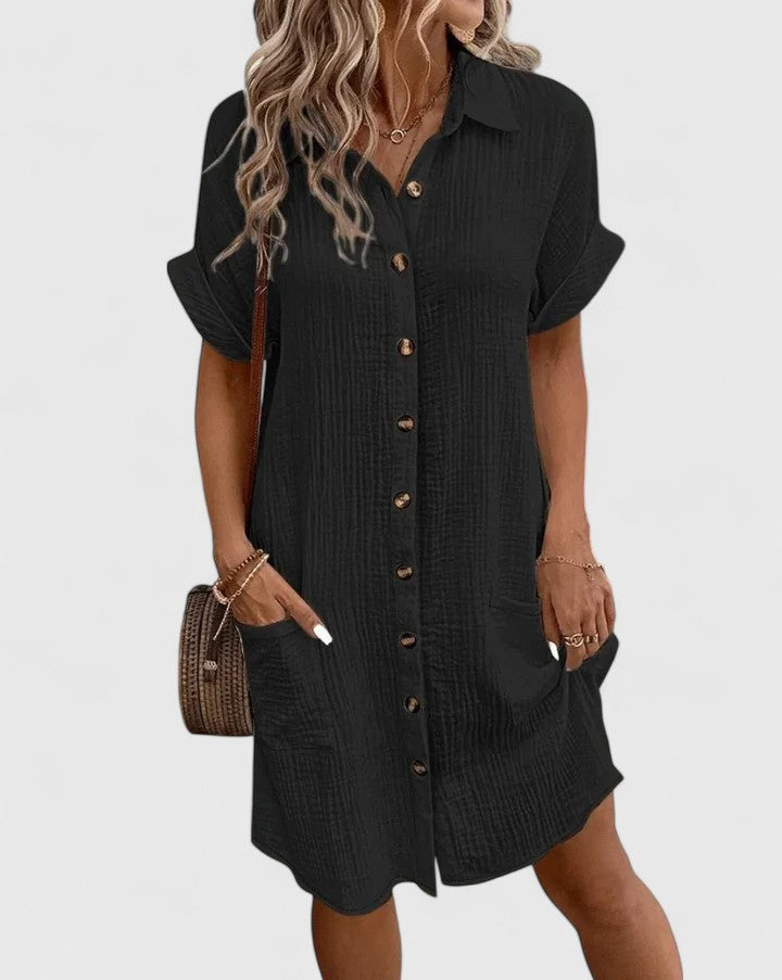 Loose Short Sleeve Button Down Midi Dress