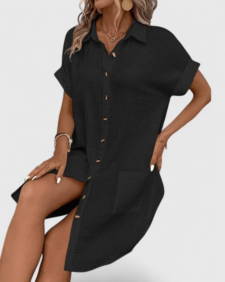 Loose Short Sleeve Button Down Midi Dress