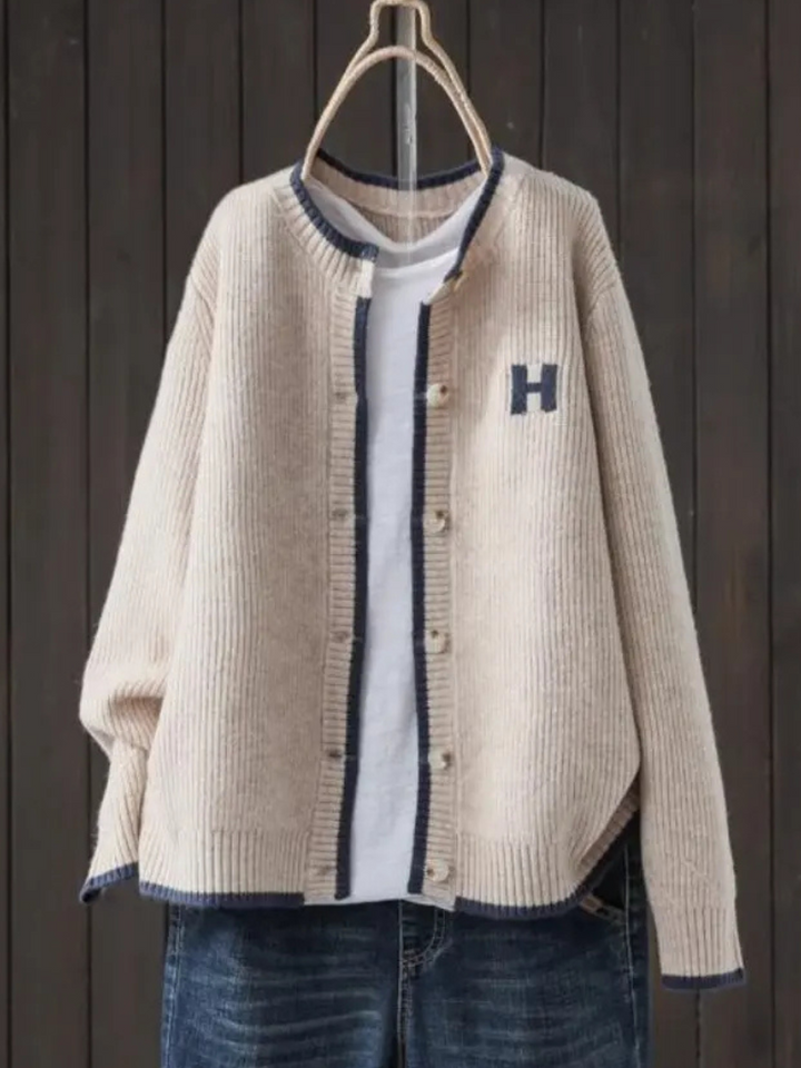 Marigold | Women's Preppy Contrast Trim Letter Patch Cardigan