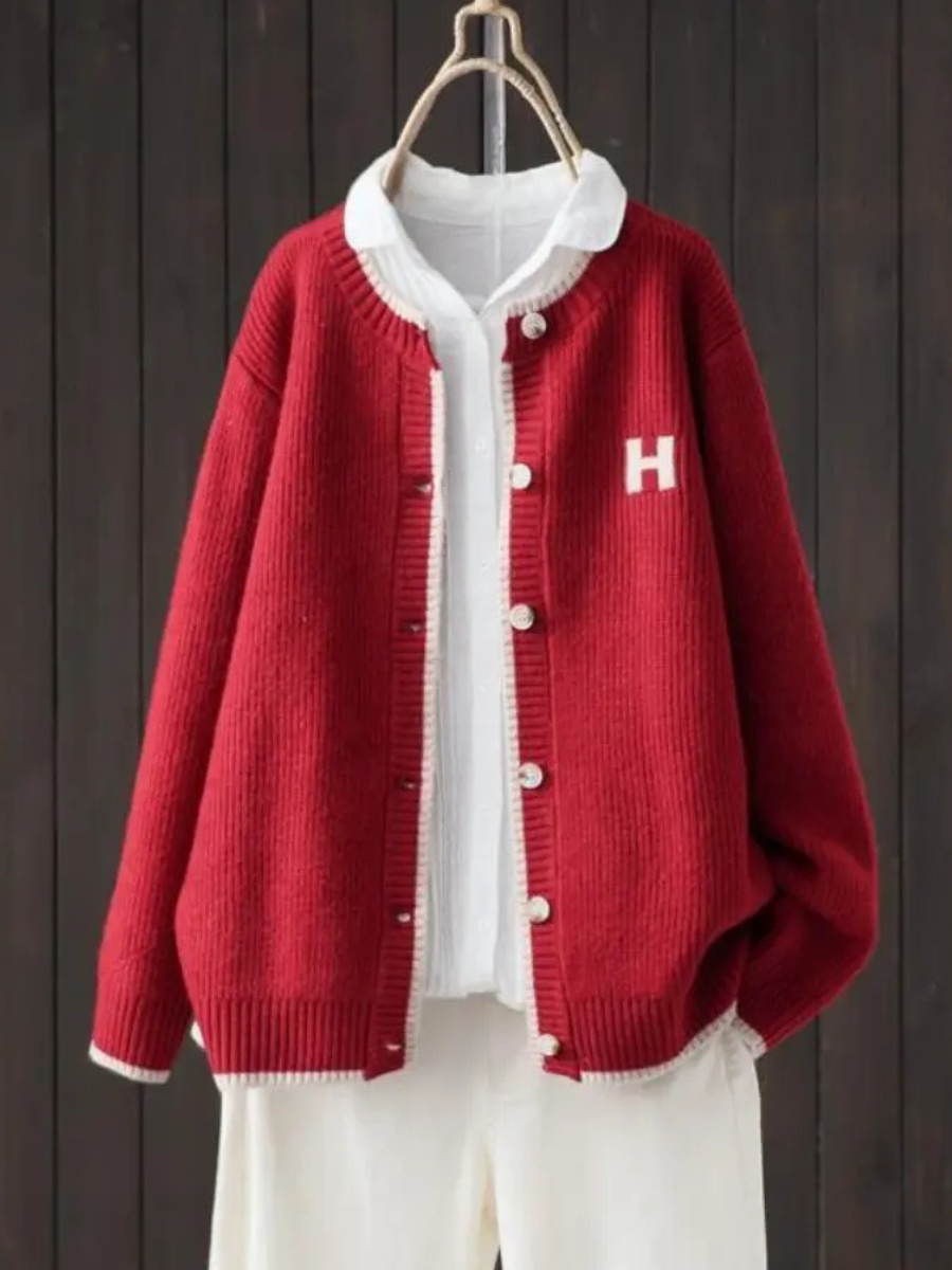 Marigold | Women's Preppy Contrast Trim Letter Patch Cardigan