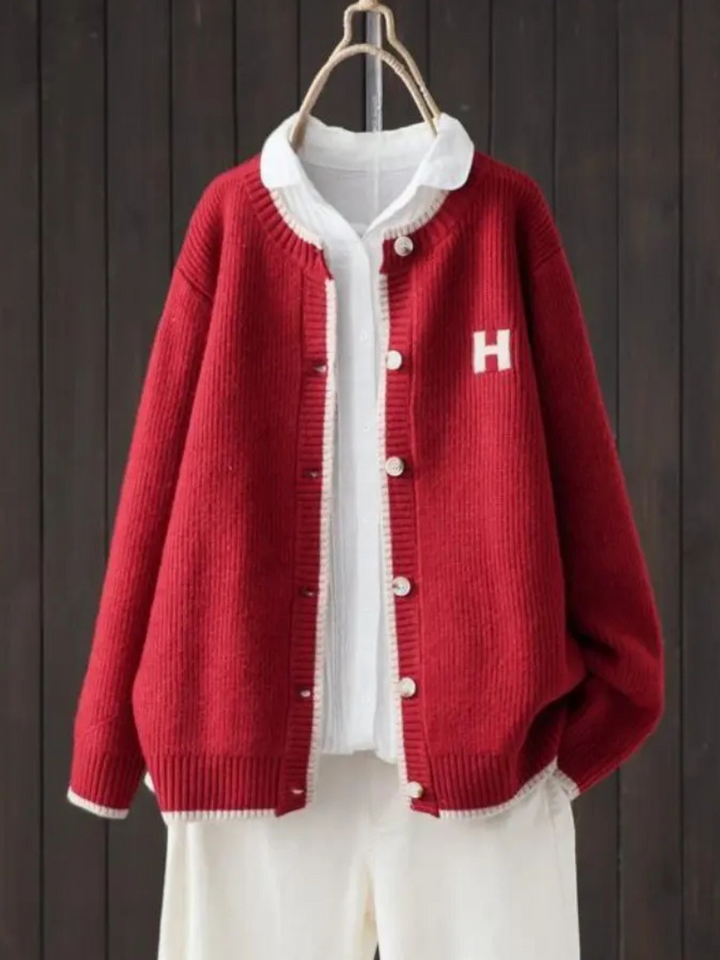 Marigold | Women's Preppy Contrast Trim Letter Patch Cardigan